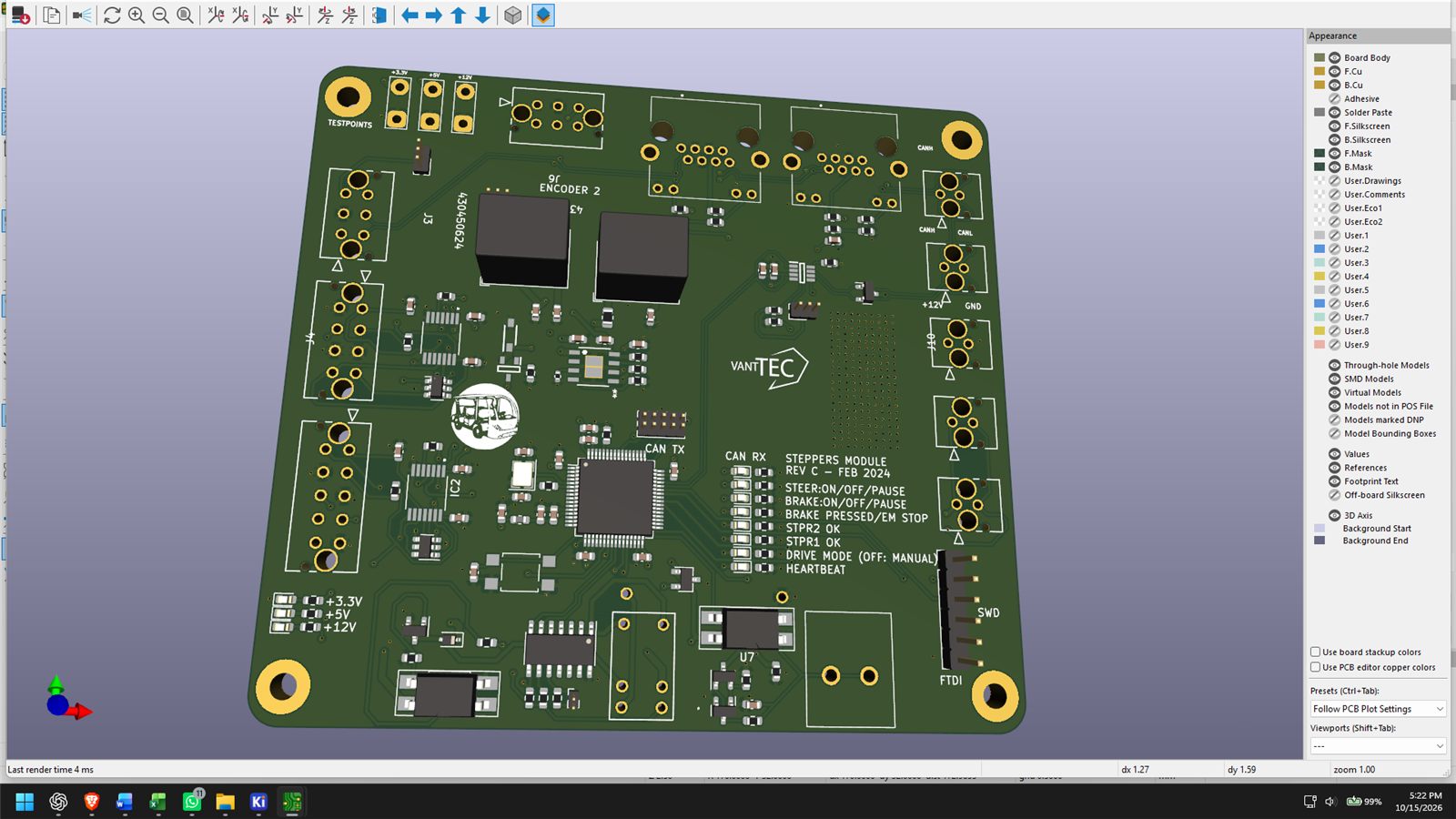 KiCad 3D view of the VANTTEC stepper-interface PCB